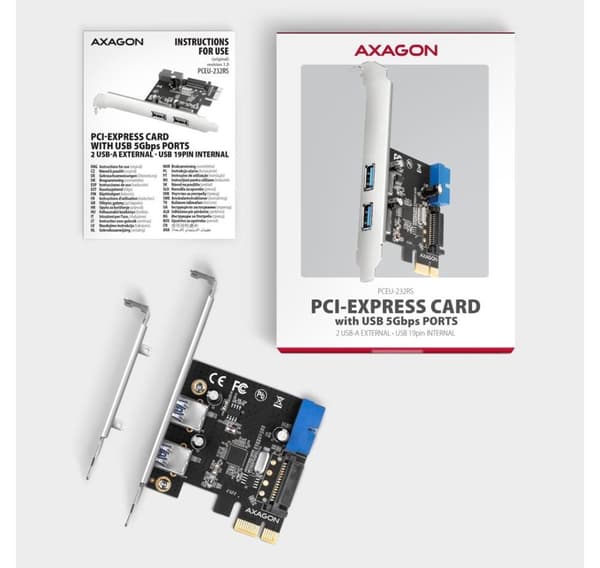 AXAGON, PCI-Express-kort med ett par interna och ett par externa USB 5Gbps-portar, PCEU-232RS