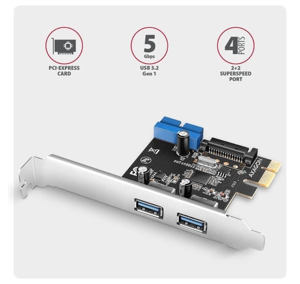 AXAGON, PCI-Express-kort med ett par interna och ett par externa USB 5Gbps-portar, PCEU-232RS