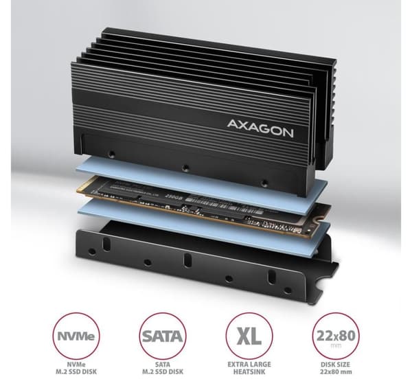 AXAGON, Passiv aluminium kylfläns för enkelsidiga och dubbelsidiga M.2 SSD-skivor, storlek 2280, höjd 36 mm, CLR-M2XL