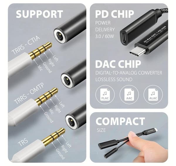 AXAGON, ADA-HCPD USB-C - Hi-Res DAC Audio Adapter PD, 60W