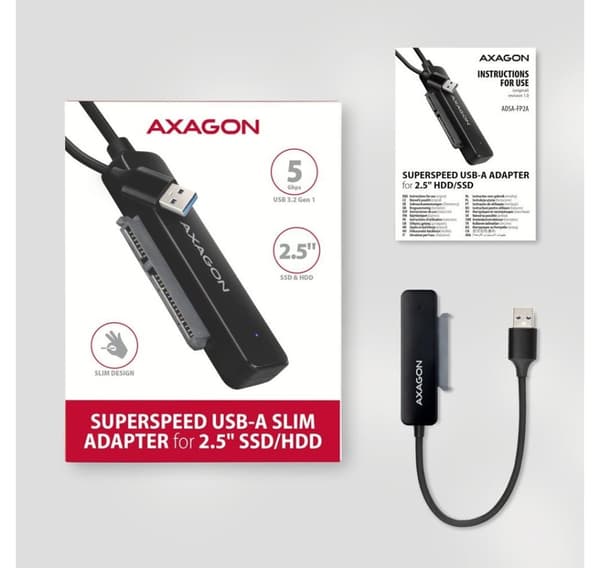 AXAGON, USB-A 5 Gbps SLIM-adapter til 2,5" SSD/HDD, ADSA-FP2A