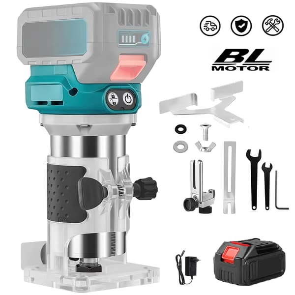 Trådløs router, børsteløs motor, variabel hastighedskontrol, 6 mm til 8 mm chuckdiameter,Med 1 batteri