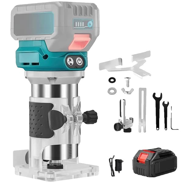Trådløs router, børsteløs motor, variabel hastighedskontrol, 6 mm til 8 mm chuckdiameter,Med 1 batteri