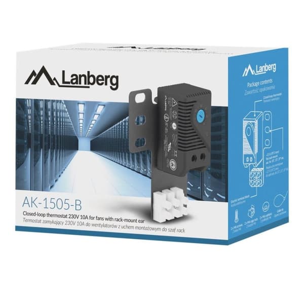 Lanberg Closed-loop termostat 10A til rackskabe med 19" øre og klemrække, sort