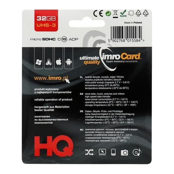 Imro Minneskort MicroSD 32GB Med Adapter Klass 10 UHS 3