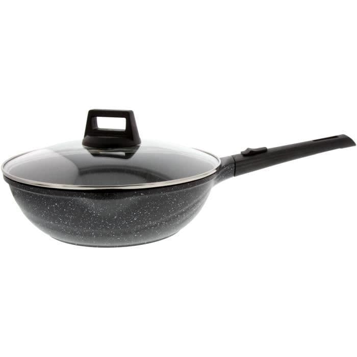 PRADEL EXCELLENCE Wok med låg - Onda - 28 cm - Stenstil med håndtag - Sort