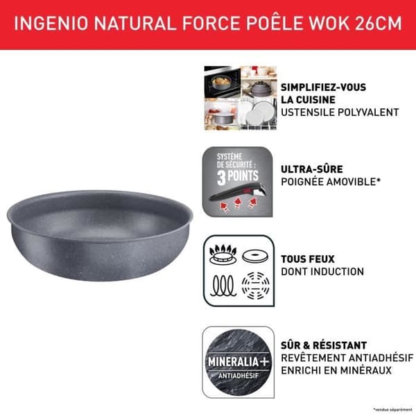 TEFAL INGENIO Natural Force Wok 26 cm, Induktion, Non-stick, Staplingsbar, Tål diskmaskin, Tillverkad i Frankrike L3967702