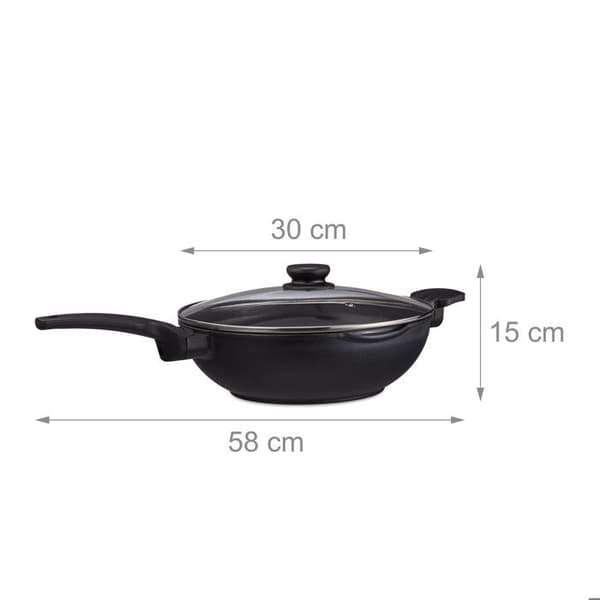 Relaxdays wokpanna 30 cm med gaslock Non-stick elektrisk grill 4 liters handtag, svart