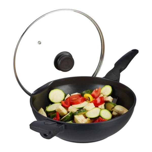 Relaxdays wokpanna 30 cm med gaslock Non-stick elektrisk grill 4 liters handtag, svart
