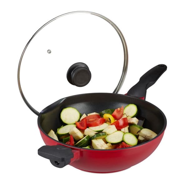 Relaxdays Wokpanna med glaslock, 30 cm, non-stick wok, gasugn, elektrisk, handtag, 4 liter, röd/svart.