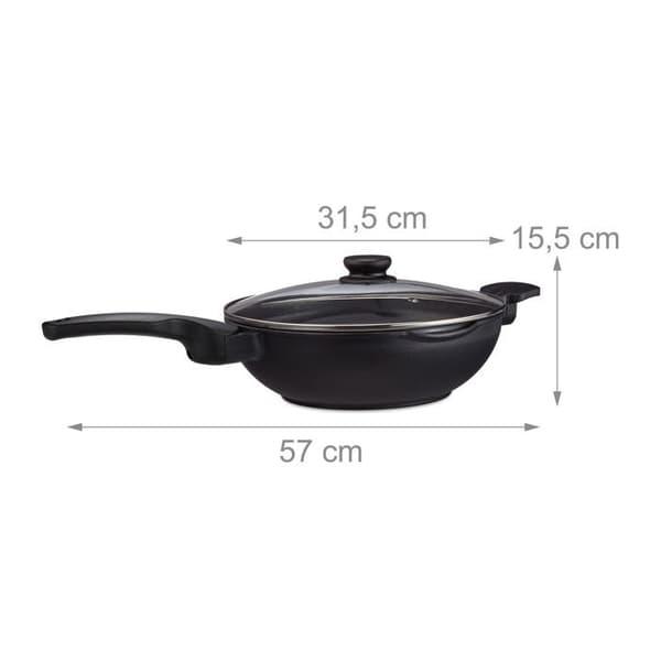 Relaxdays Wokpanna med glaslock 30 cm, handtag, non-stick beläggning, induktion, gas- och elektrisk ugn, 4l