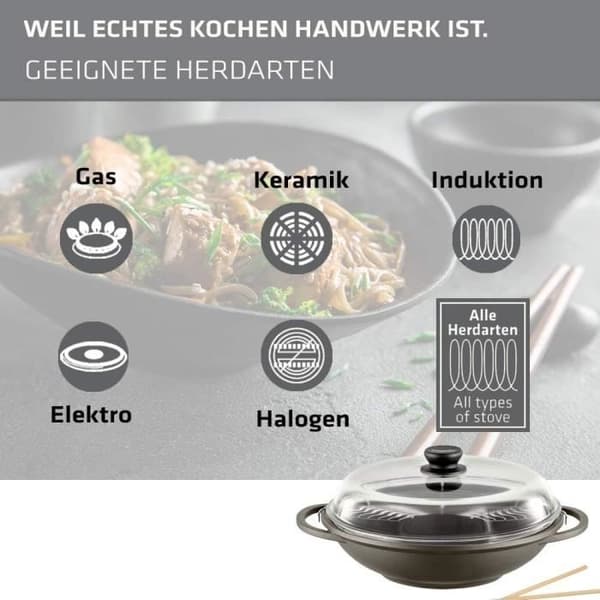 Berndes Bonanza Wok med glaslock och aluminiumtillbehör, svart, 32 cm, induktion