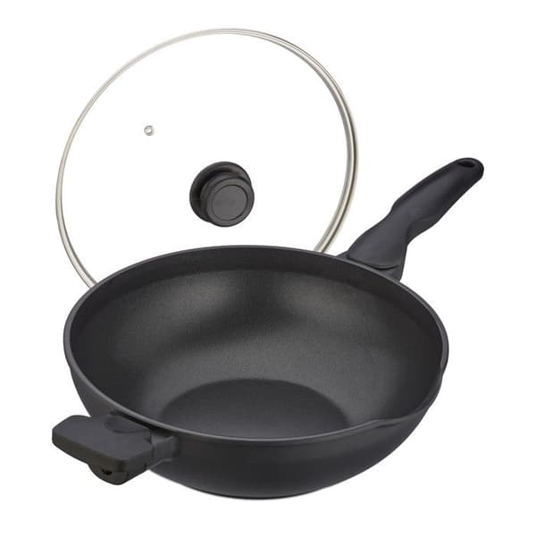 Relaxdays wokpanna med lock, D: 30 cm, aluminium, non-stick, handtag, för gas- och elugn, svart