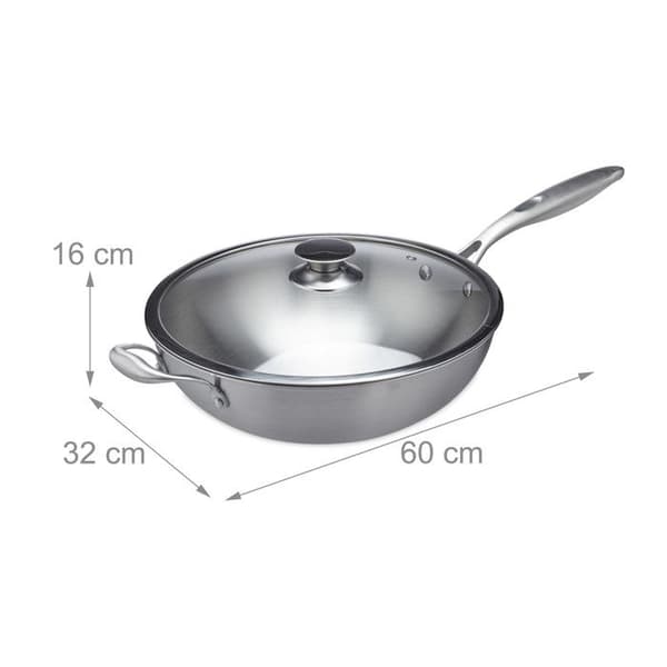 Relaxdays Wok, diameter 32 cm, rostfritt stål, glaslock, induktionshäll, gas, elektricitet, silverfärgad