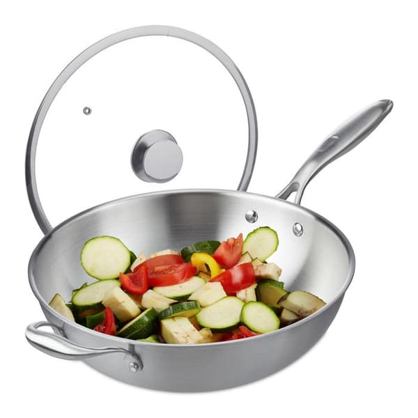 Relaxdays Wok, diameter 32 cm, rostfritt stål, glaslock, induktionshäll, gas, elektricitet, silverfärgad