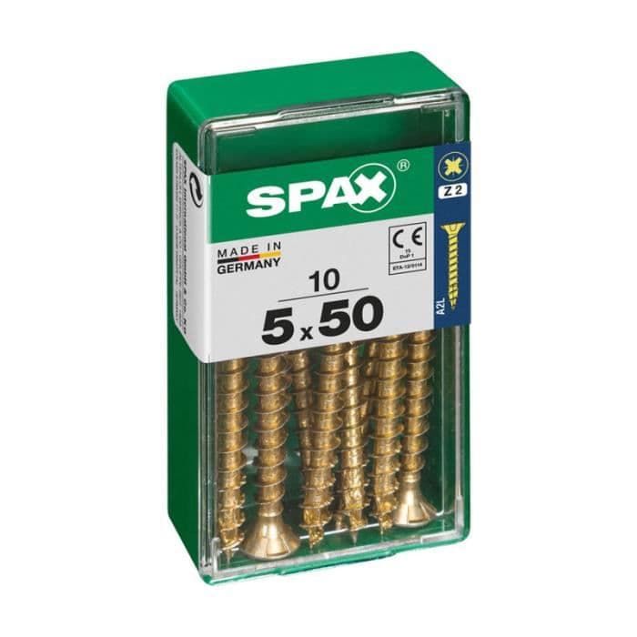 Box 10 st. träskruv spax hytt. platt yellox 5,0x50mm spax