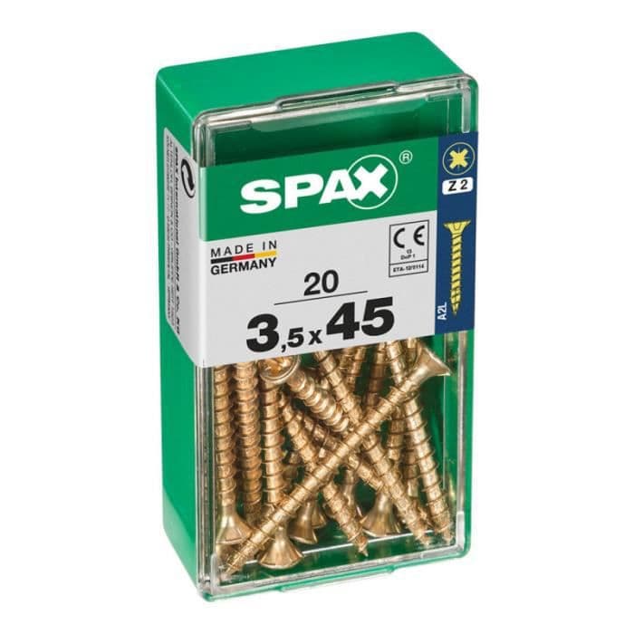 Box 20 st. träskruv spax hytt. platt yellox 3,5x45mm spax