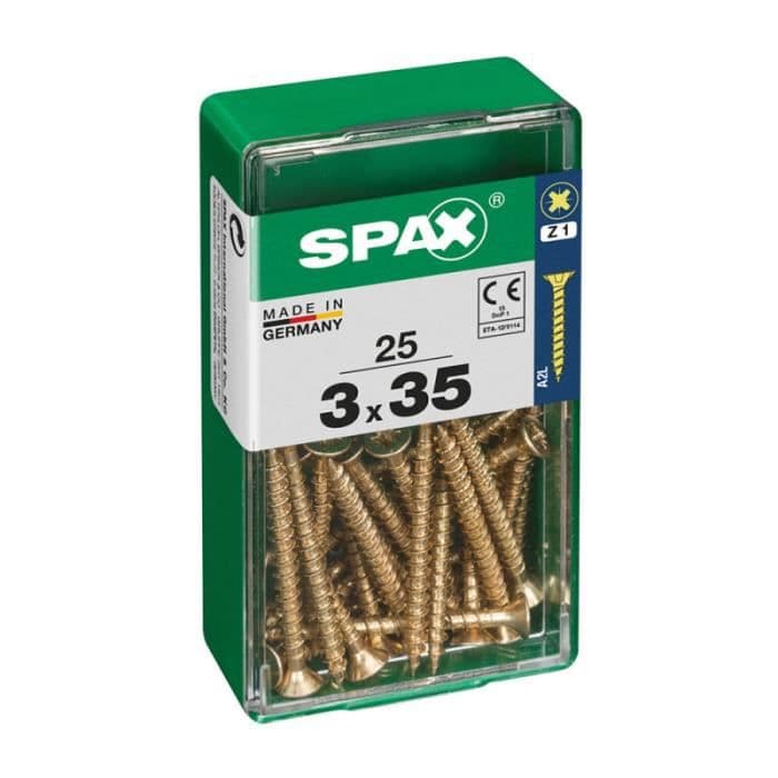 Box 25 st. träskruv spax hytt. platt yellox 3,0x35mm spax