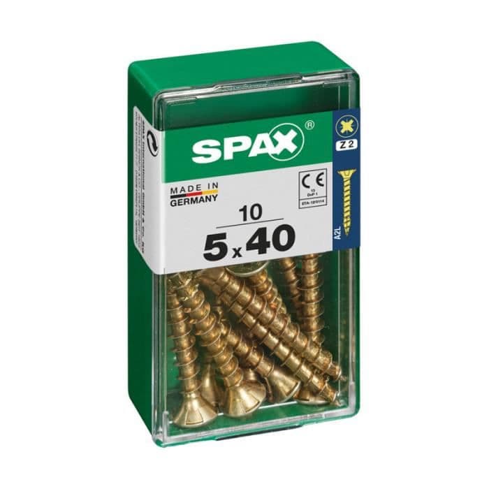 Box 10 st. träskruv spax hytt. platt yellox 5,0x40mm spax