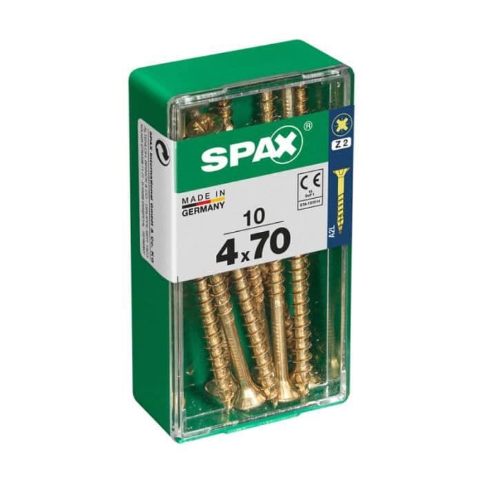 Box 10 st. träskruv spax hytt. platt yellox 4,0x70mm spax