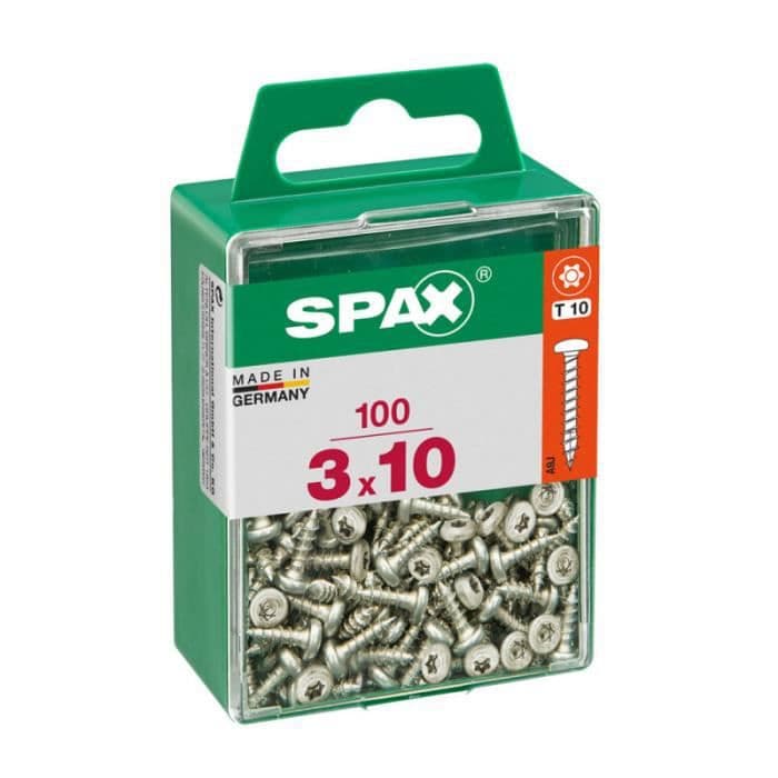 Box 100 st. träskruv spax hytt. rund wirox 3,0x10mm spax