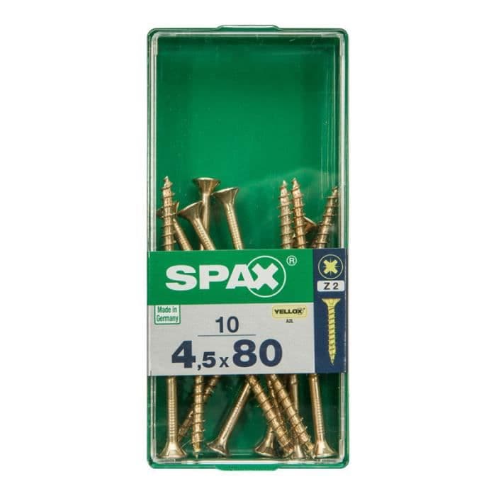 Box 10 st. träskruv spax hytt. platt yellox 4,5x80mm spax