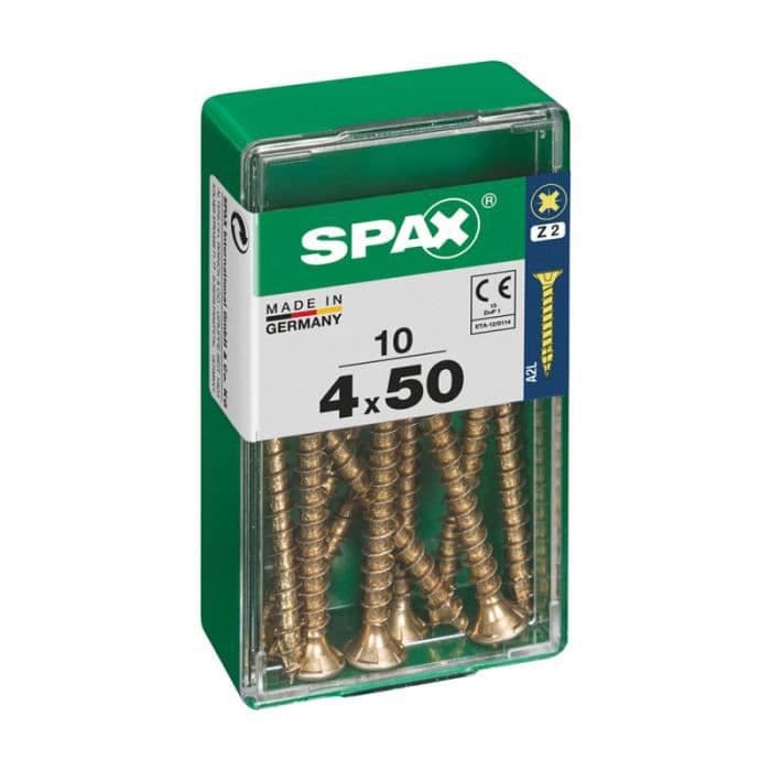 Box 10 st. träskruv spax hytt. platt yellox 4,0x50mm spax