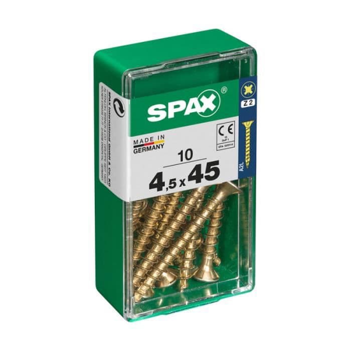 Box 10 st. träskruv spax hytt. platt yellox 4,5x45mm spax