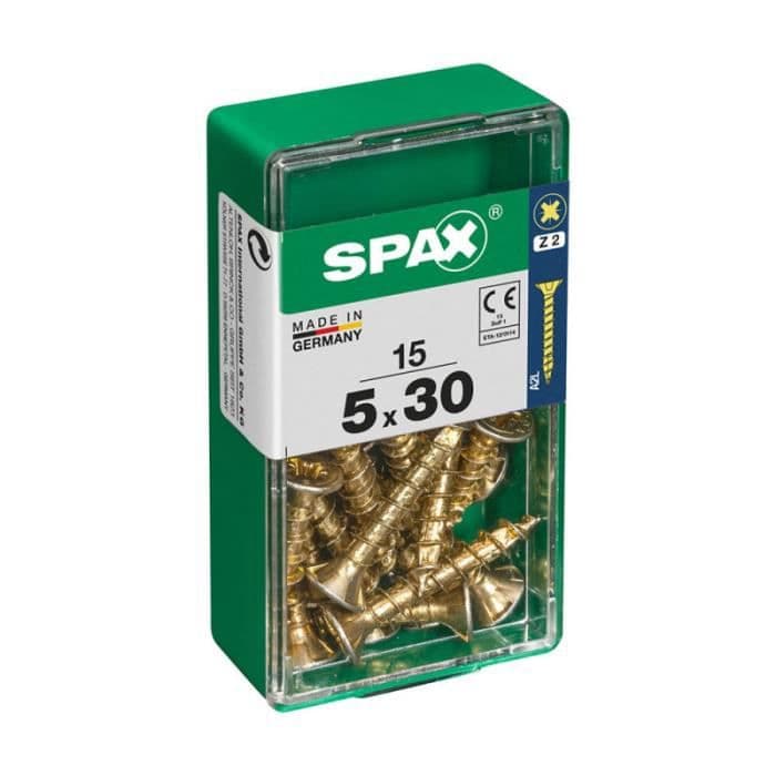 Box 15 st. träskruv spax hytt. platt yellox 5,0x30mm spax