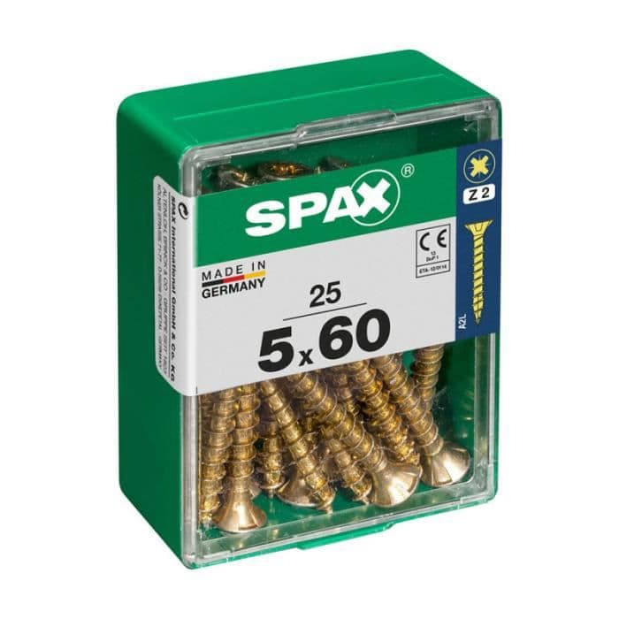 Box 25 st. träskruv spax hytt. platt yellox 5,0x60mm spax