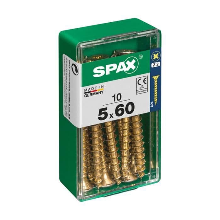 Box 10 st. träskruv spax hytt. platt yellox 5,0x60mm spax