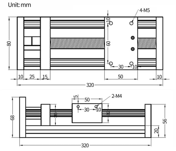Lineær Førings Skinne, 200mm Slaglængde, Nema 23 Stepper Motor, Effektiv slaglængde 200