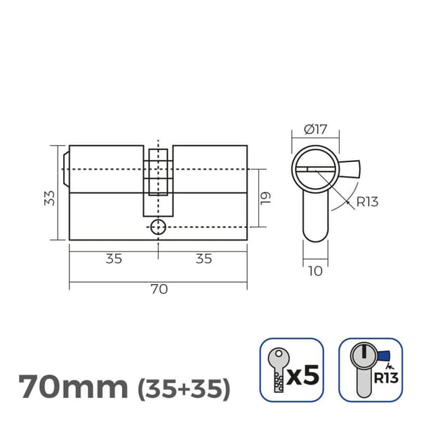 Cylinder EDM 85189 r13 Gyllene Mässing Kort kamlås Europeisk