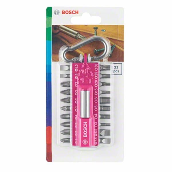 Bosch skruvmejselbitssortiment med karbinhake (fuchsia), 21 stycken - 2607002821