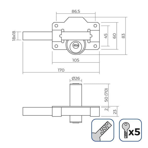 Säkerhetslås EDM 85191 ickel 83 x 170 mm Ø26 mm