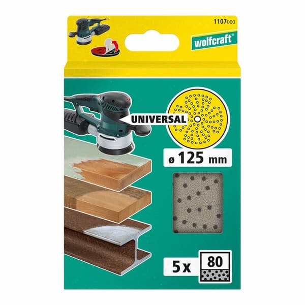 Slippapper med flera hål för excenterslipmaskin Wolfcraft 1107000 Ø 125 mm 80 g 5 antal