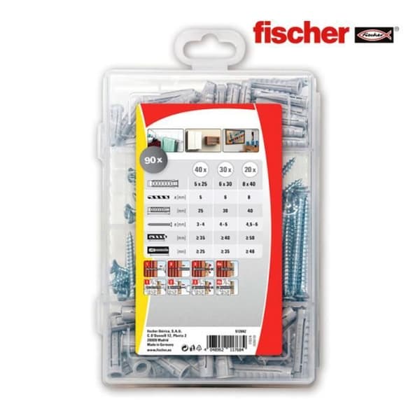 Box med 90 pluggar + skruvar sx 5/6/8 + skruvar 512642 fischer.
