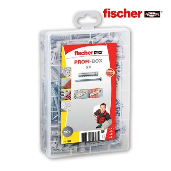 Box med 90 pluggar + skruvar sx 5/6/8 + skruvar 512642 fischer.