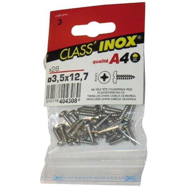 Vis tôle - VYNEX - Pozi - Inox A4 - 3,5 mm - 12 mm - Förpackning med 26 stycken