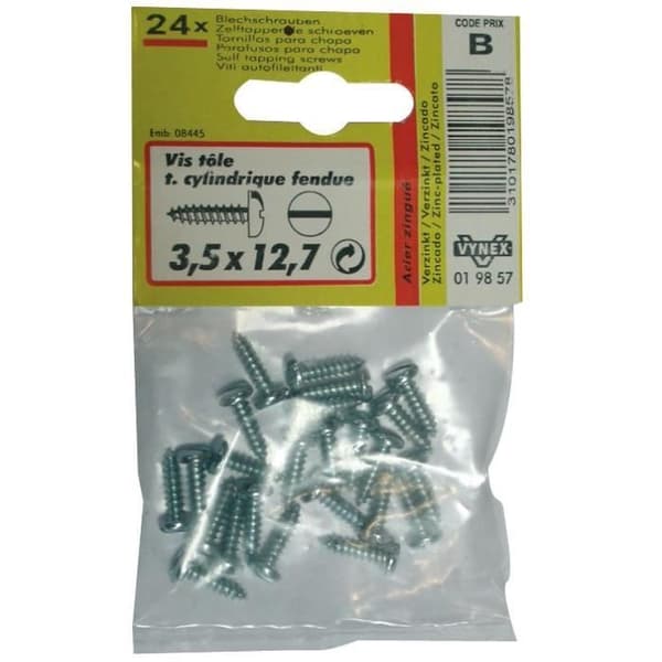 Vis plåt med cylindrisk slitsad huvud - VYNEX - 3.5x12.7 mm - Zinkad stål - 24-pack