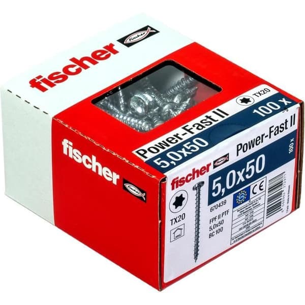 Vis för spånskiva fischer PowerFast II 5,0x50 cylindrisk huv, TX-spår, vit förzinkad, helgängad, låda