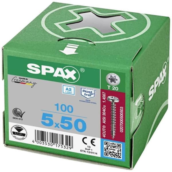SPAX Universalskruv 1.4567-0207000350203, platt kupolhuvud, T-Star plus, 4CUT, rostfritt stål A2, -