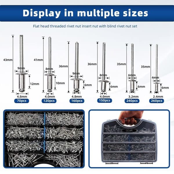 Cclife - 4351 - 1000 Bitar Popnitar, Blindnitar av aluminium 2.4mm-3.2mm-4mm-4.8mm