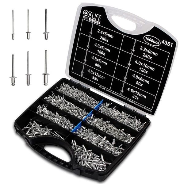 Cclife - 4351 - 1000 Bitar Popnitar, Blindnitar av aluminium 2.4mm-3.2mm-4mm-4.8mm