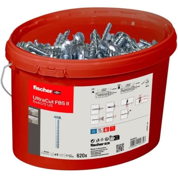 fischer UltraCut FBS II 6 x 405 med bricka och sexkantig spets, hink med 620 kraftfulla betongskruvar
