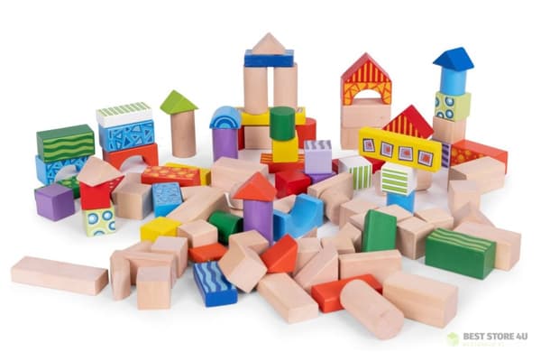 Träklossar för barn 100 st sorterhinkar ECOTOYS