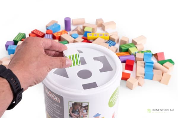 Träklossar för barn 100 st sorterhinkar ECOTOYS