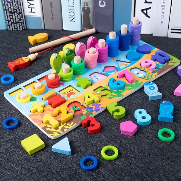 OBOSOE Montessori puulelu – värien, muotojen ja numeroiden sovittaminen kalastuspeliin
