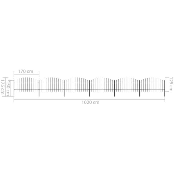 vidaXL Hagegjerde med spydtopp stål (1-1,25)x10,2 m svart