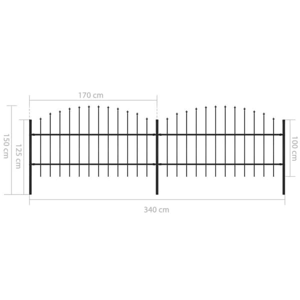 vidaXL Puutarha-aita keihäskärjillä teräs (0,75-1)x3,4 m musta